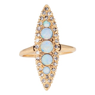 Late 19th Century Antique Victorian Opal Diamond Navette Ring 14k Yellow Gold Size 6 Fine Jewelry For Sale