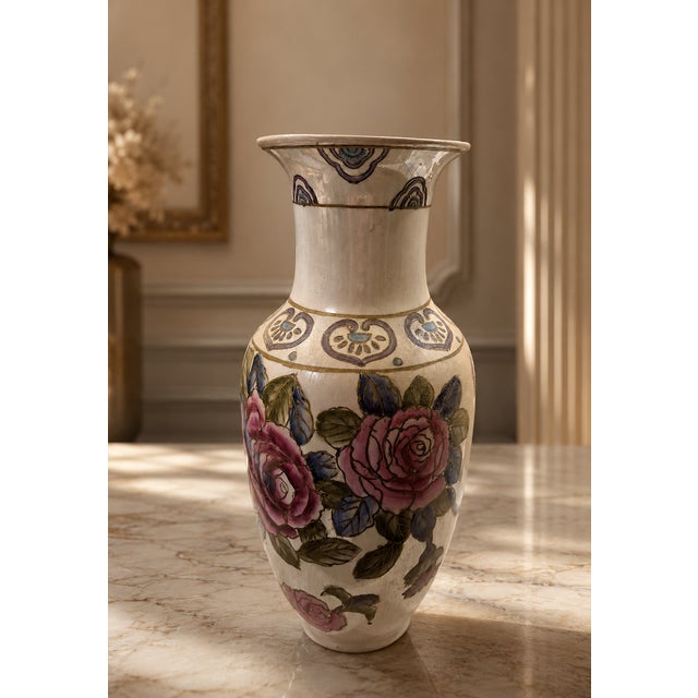 Ceramic Vintage Hand-Painted Asian Porcelain Floral Vase | Pink Roses, Purple Flowers, Gold Trim 12.5in For Sale - Image 7 of 9