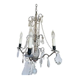 Vintage French Wrought Iron Faceted Cut Crystal Four Arm Chendelier For Sale