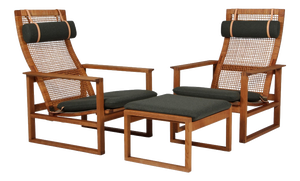2254 Oak Sled Lounge Chairs and Ottoman in Cane attributed to Børge Mogensen for Fredericia, 1956, Set of 3