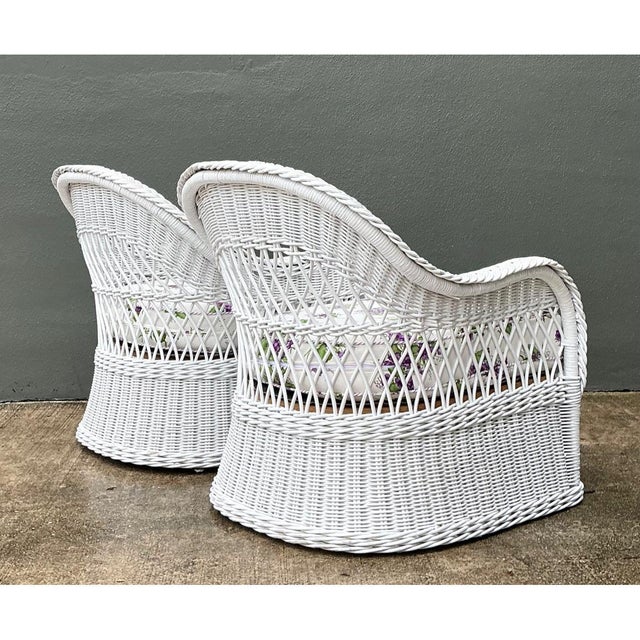 Vintage Lexington Braided White Rattan Lounge Chairs - A Pair For Sale - Image 9 of 12