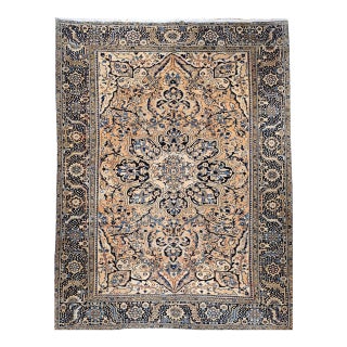 Vintage Persian Heriz Rug, Hand-Knotted Wool, Geometric Medallion Pattern,Tan & Navy, 9x13 For Sale