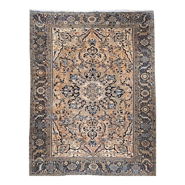 Vintage Persian Heriz Rug, Hand-Knotted Wool, Geometric Medallion Pattern,Tan & Navy, 9x13 For Sale