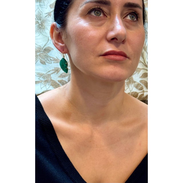 55 Ct Carved Emerald Leaf Shape Earrings 14 Kt Yellow Gold French Wire Earring For Sale - Image 11 of 18