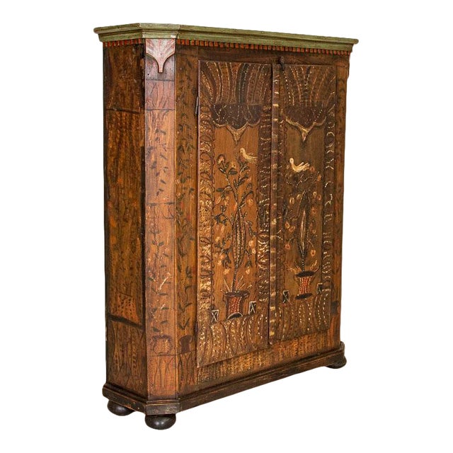 Antique Original HandPainted Narrow Armoire With Birds, Flowers and