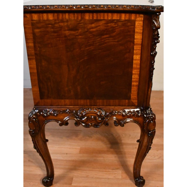 French Antique 1920 Louis XV Burl Walnut Lowboy Chest Banded Satinwood Carving Two Drawers For Sale - Image 3 of 11