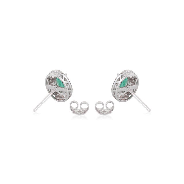 Green Oval Emerald & Diamond May Birthstone Stud Earrings in 14k White Gold- A Pair For Sale - Image 8 of 13