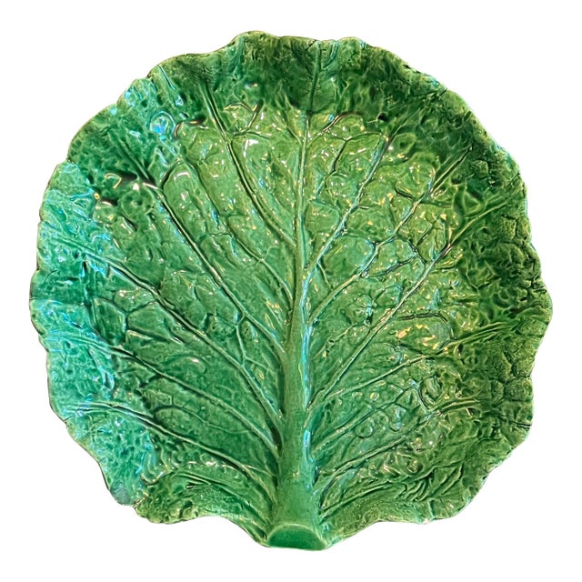 Antique Portuguese Majolica Pottery Green Cabbage or Lettuce Leaf Serving Dish For Sale