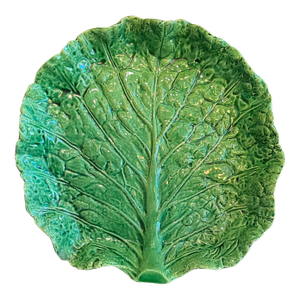 Antique Portuguese Majolica Pottery Green Cabbage or Lettuce Leaf Serving Dish
