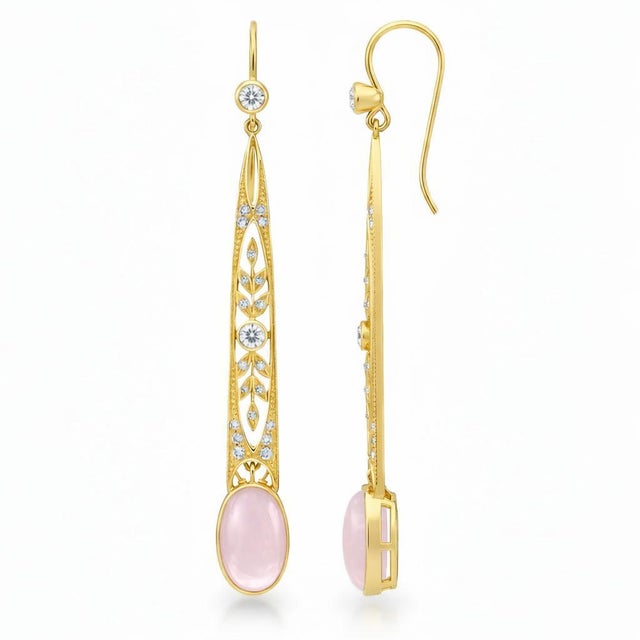 Vintage Inspired Rose Quartz Dangle Earrings with colorless topazes. Art Nouveau Style Rose Quartz Drop Earrings Silver,...