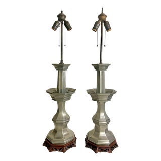Pair Vintage Mid-Century Modern Pewter Candlestick Lamps With Chinoiserie Bases For Sale