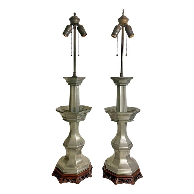Pair Vintage Mid-Century Modern Pewter Candlestick Lamps With Chinoiserie Bases For Sale