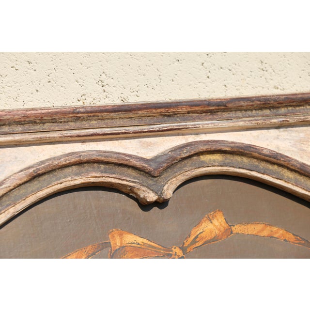 French Country French 1950s Painted Trumeau Wall Mirror With Floral & Instrument Motif | Carved Wood Frame For Sale - Image 3 of 18