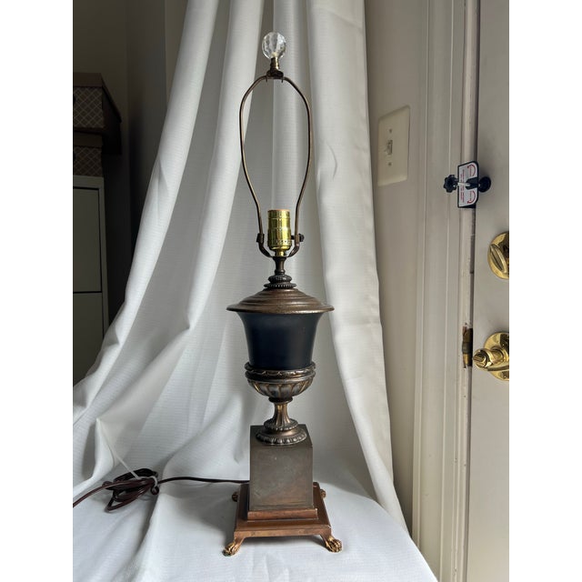 Vintage Mid 20th Century Neoclassical Black Urn on Footed Pedestal Brass Accent Lamp For Sale - Image 12 of 12