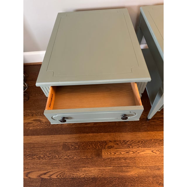 Mid-Century Neoclassical Style Country Green End Tables beautifully painted in a matte green and sealed. Table legs are...