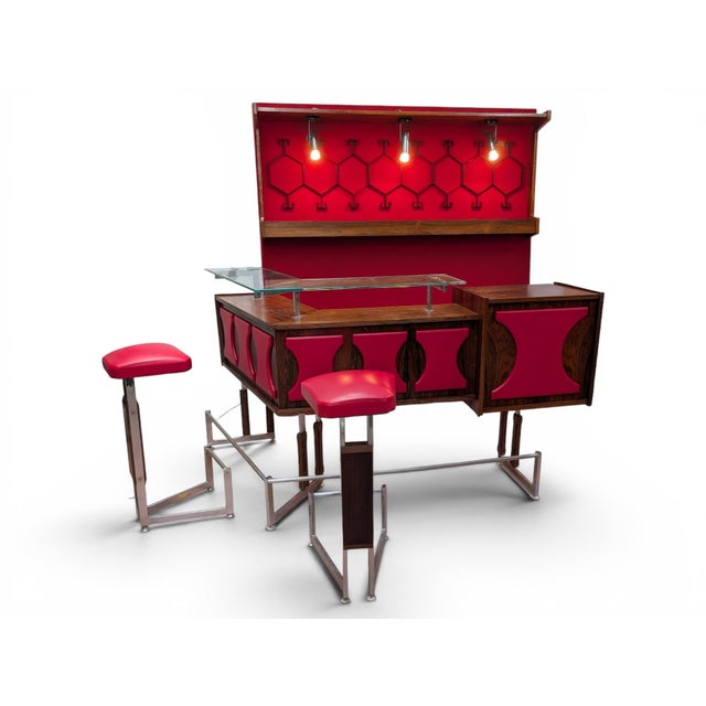 Vintage Space Age Rosewood and Red Lounge Bar, 1970s, Set of 4 For Sale - Image 14 of 18