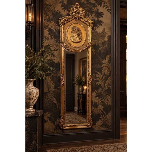 Wood Antique Baroque Gilt Gold Pier Mirror With Classical Lady Medallion, 69” For Sale - Image 7 of 8
