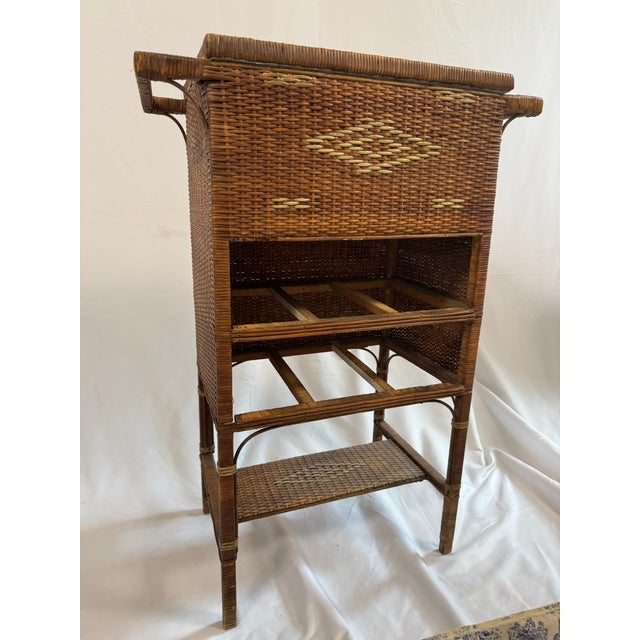 Antique Victorian Wicker Rattan Sewing Stand | Lift-Top Toile Lined, Two Drawers | Edwardian Work Table, 31in For Sale - Image 10 of 18