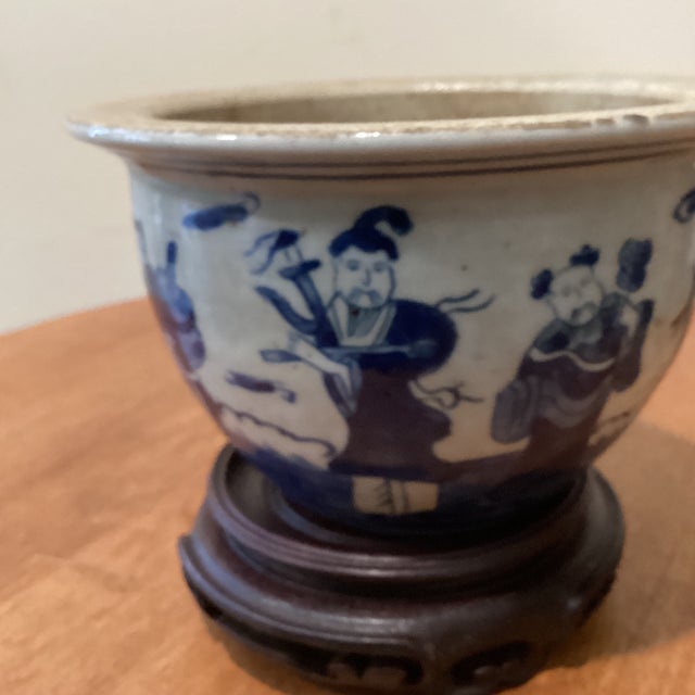 Antique Chinese Kangxi Style Blue & White Glazed Jardiniere Qing Dinasty (1644-1912) on Wood Base For Sale - Image 4 of 12
