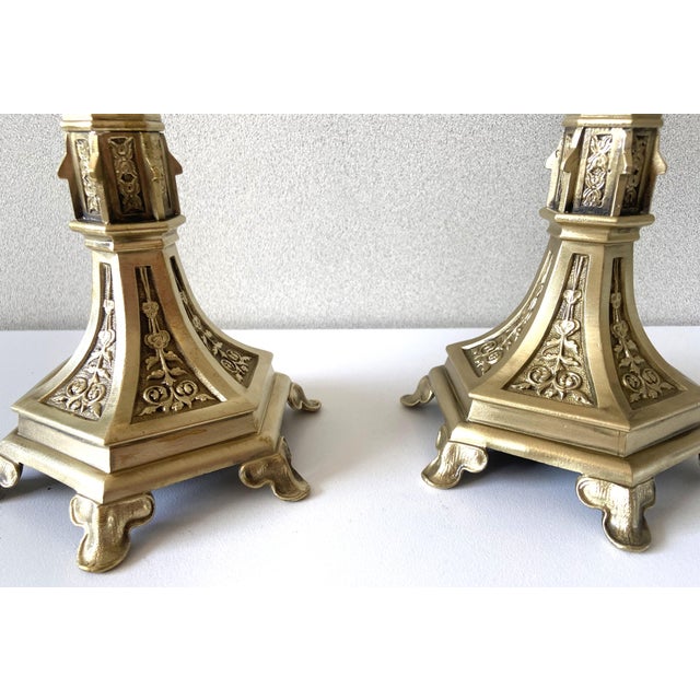 Gold Antique Neo-Gothic Gilt Bronze Candlesticks, Set of 2 For Sale - Image 8 of 14