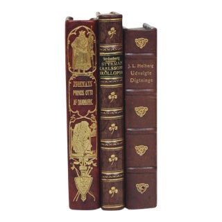 3 Beautiful Leather Books With Gold Ornament - b.s. Ingemann - Great for Interior Design For Sale