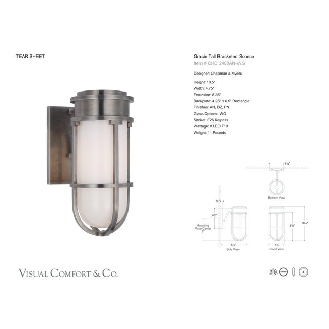 Modern Chapman & Myers for Visual Comfort Signature Gracie Tall Bracketed Sconce in Antique Nickel with White Glass For Sale - Image 3 of 5