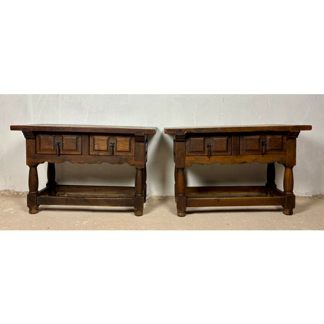 Antique Spanish Rustic Oak Side Tables with Drawers, 1900s, Set of 2 For Sale - Image 6 of 14