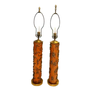 Pair Antique Wood and Metal Wallpaper Roller Made Into Lamps