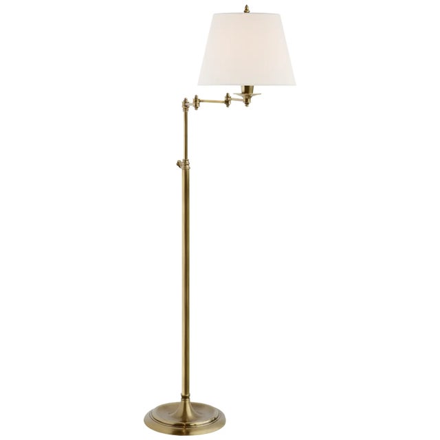 Visual Comfort Signature Triple Swing Arm Floor Lamp in Hand-Rubbed Antique Brass with Linen Shade For Sale