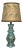 Mid Century Turquoise and Gold Table Lamp With Original Floral Shade For Sale