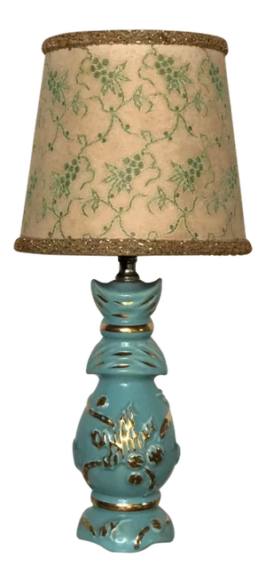 Mid Century Turquoise and Gold Table Lamp With Original Floral Shade