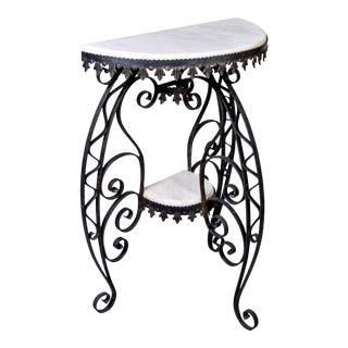 Early 20th Century Scrolled Iron and White Marble Demi Lune Console For Sale