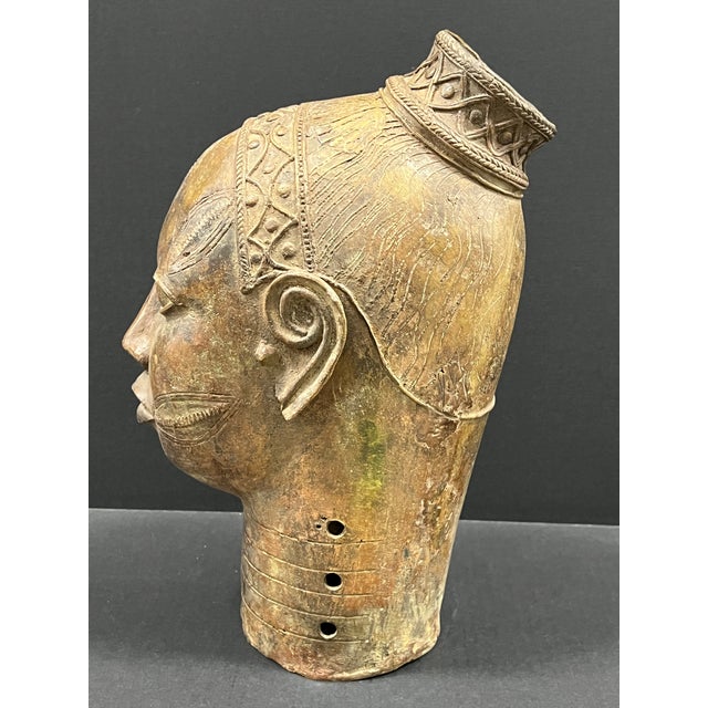 Large Late 20th Century Benin Bronze Oba Head Sculpture African Art Object For Sale - Image 10 of 12