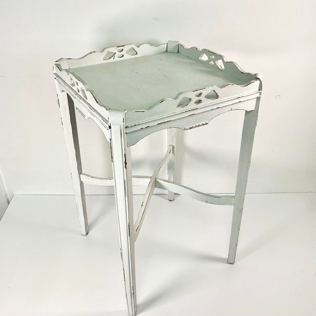 Wood Vintage Shabby Chic Farmhouse Chippy Paint Wood Gallery Side Table. For Sale - Image 7 of 15
