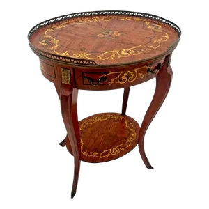1940s French Oval Table Entry Stand Shelf Drawer Geometric Inlays Hand Painted Floral