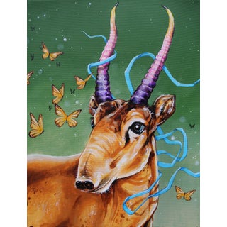 Borrowed Time by Patrick Maxcy | Acrylic on Canvas Antelope with colorful horns and butterflies For Sale