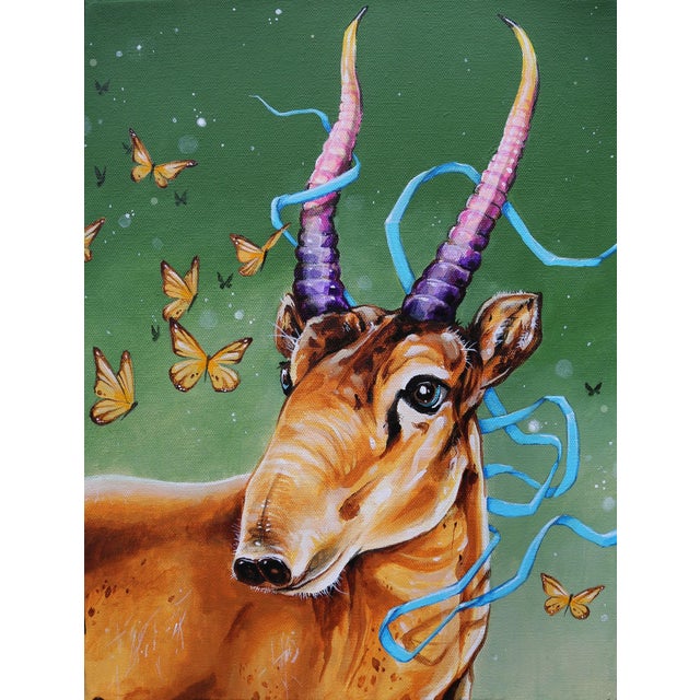 Borrowed Time by Patrick Maxcy | Acrylic on Canvas Antelope with colorful horns and butterflies For Sale