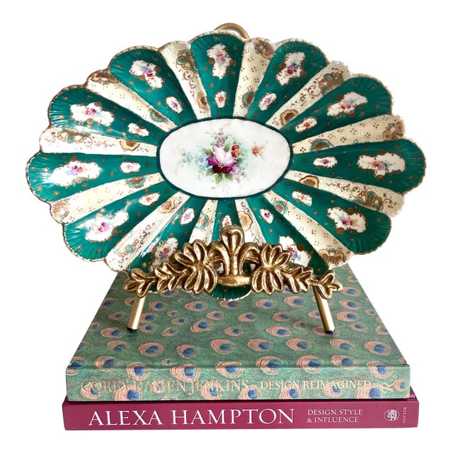 An absolutely stunning antique French porcelain display plate, featuring a rare emerald green and ivory paneled design...