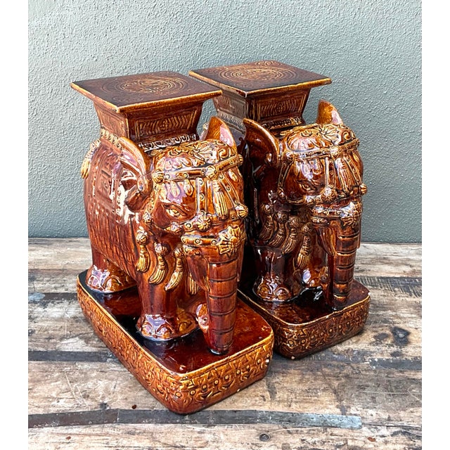 Vintage Glazed Ceramic Elephant Low Stools - A Pair For Sale - Image 12 of 12