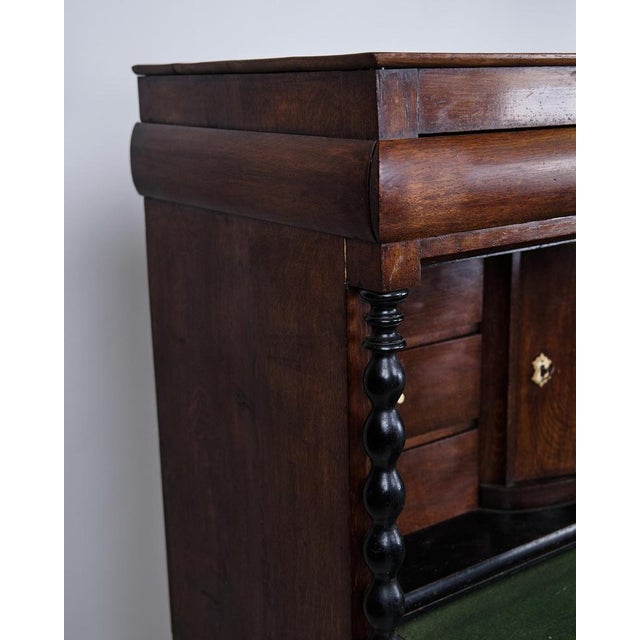 Antique secretary from the 1820s. Oak with green felt cloth and brass handles. 4 drawers. — Origin: Denmark — Period:...