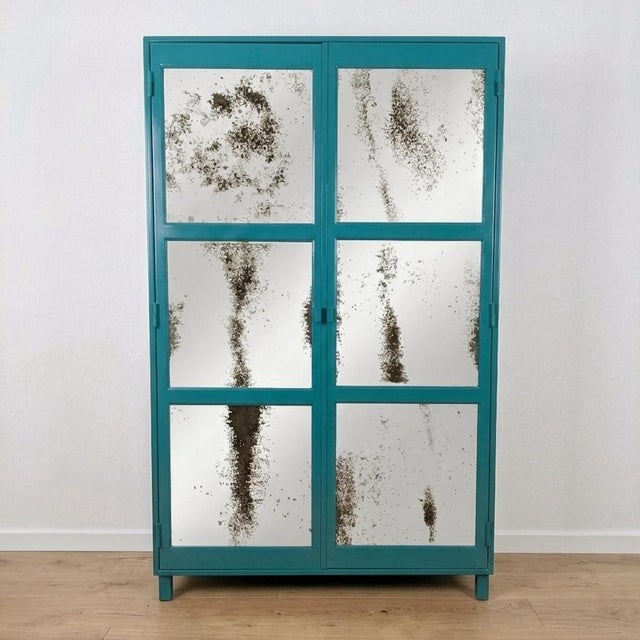 Blue Turquoise Metal Wardrobe with Aged Mirrors, 2000s For Sale - Image 8 of 8