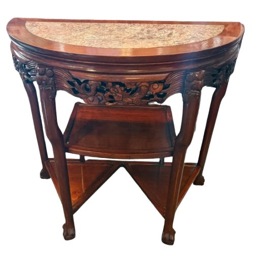 Vintage Chinese Carved Hardwood Demilune Console With Marble Top For Sale