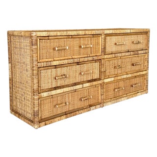Vintage Pencil Reed Rattan 6-Drawer Dresser With Cane Drawer Fronts For Sale