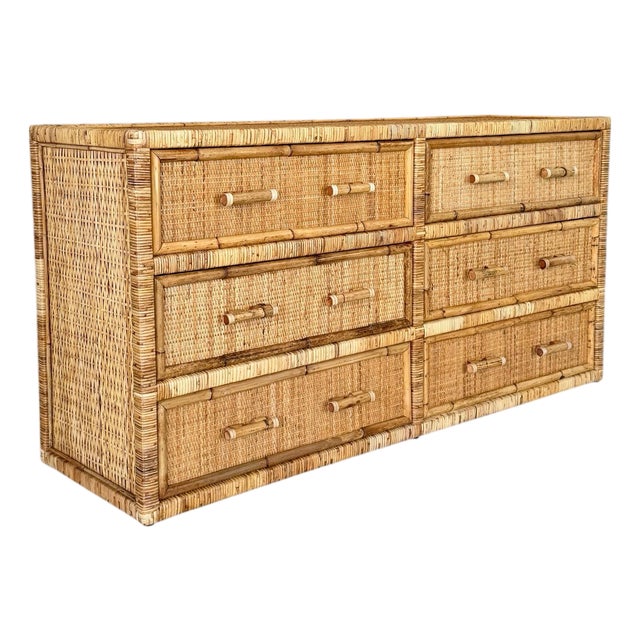 Vintage Pencil Reed Rattan 6-Drawer Dresser With Cane Drawer Fronts For Sale