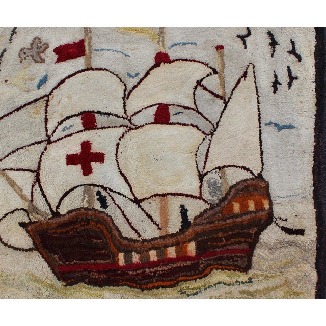 Measures: 2'4 x 2'11 Pictorial Antique American Hooked Rug with Knights Templar Ship at the Sea. Antique American hooked...