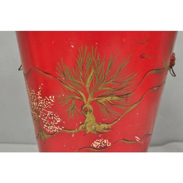 Mid 20th Century Italian Chinoiserie Hand Painted Oriental Red Tole Metal Wastebasket Trashcan For Sale - Image 18 of 18