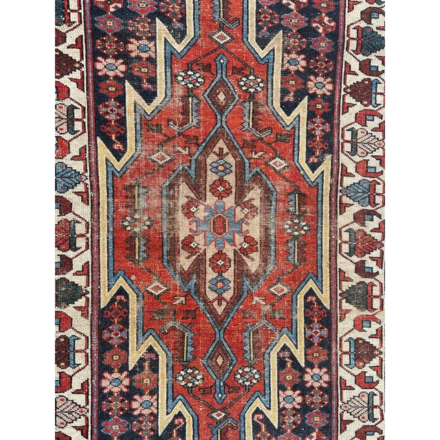 Pretty mid century rustic mazlaghan rug with beautiful geometrical design and nice colours with red, blue, navy and white,...