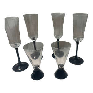Vintage Luminarc France Black Stem Octagon Champagne Flutes With Martinis Glasses- Set of 6