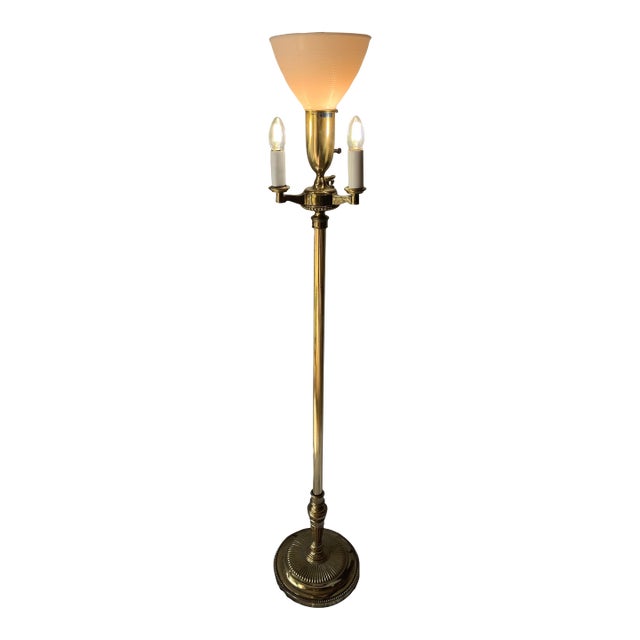 Vintage Hollywood Regency Stiffel 4-Light Torchiere Brass Floor Lamp With Milk Glass Shade For Sale