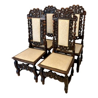 Antique Victorian Carved Oak Dining Chairs, 1860s, Set of 4 For Sale